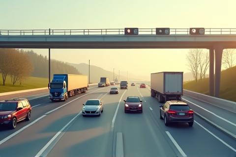 Cars crossing a border checkpoint with tolling infrastructure
